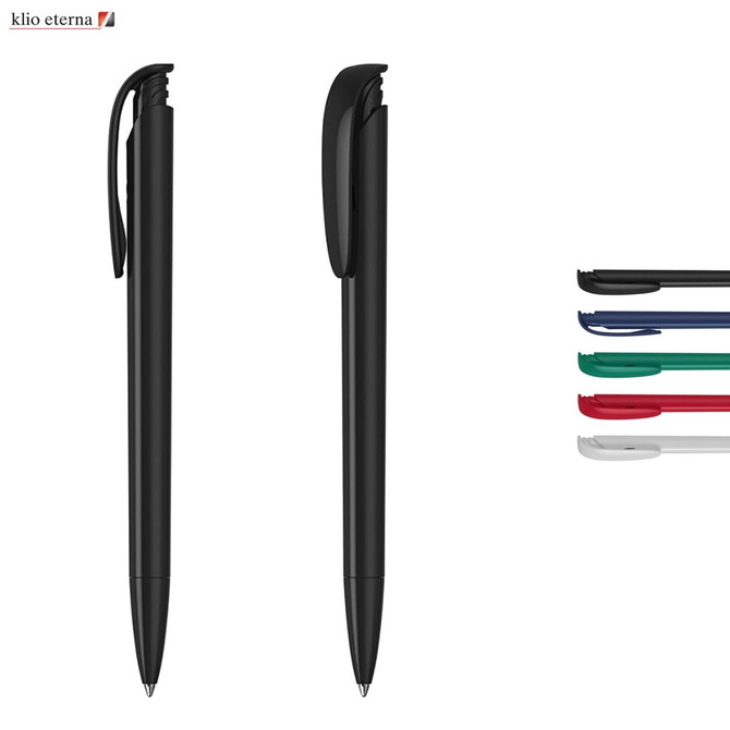 A set of plastic pens in black, green, red, blue, and white, with a logo present on the pens.