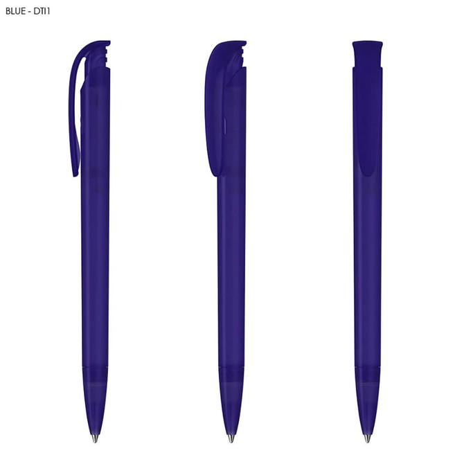 A set of blue plastic pens displayed from three angles, featuring a clip and a sleek design.