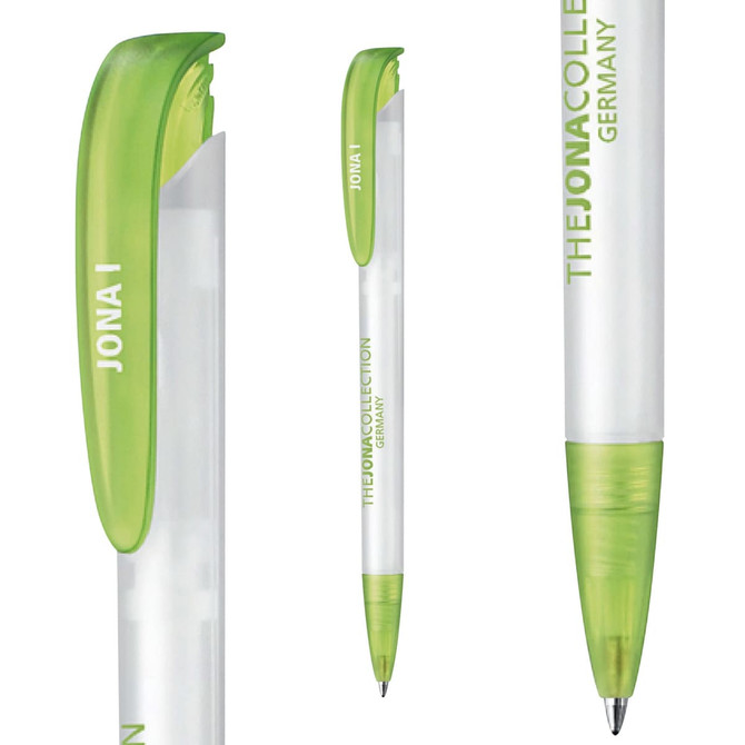 A plastic pen featuring a transparent body and a vibrant green cap, with branding on the side.