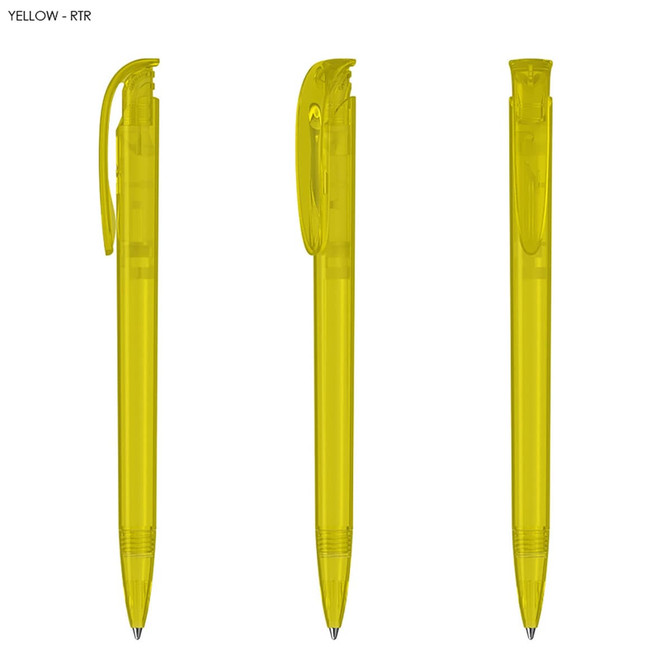 Three transparent yellow plastic pens are displayed, featuring clips and a smooth design. Each pen has a logo.