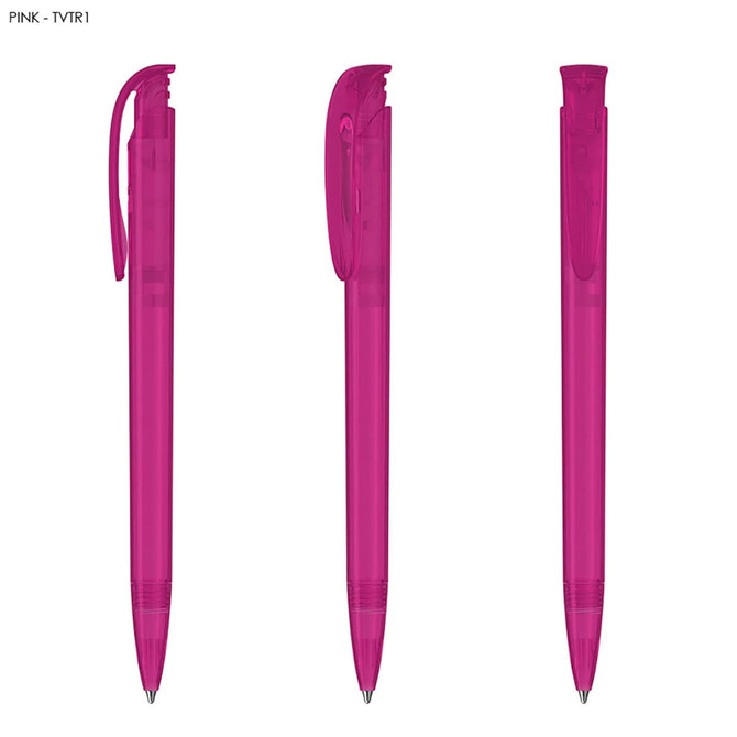 A set of three transparent pink plastic pens, featuring a clip and a smooth barrel design.