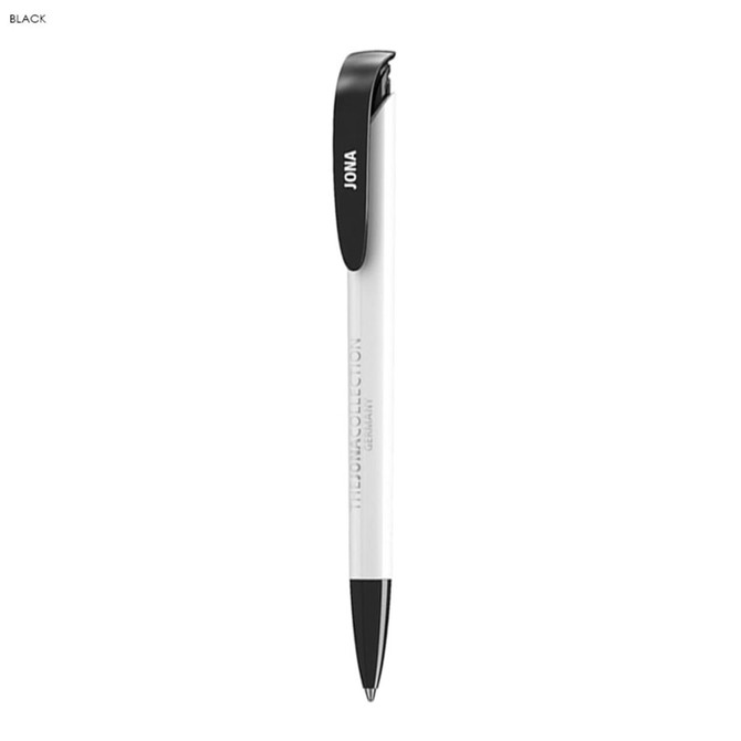 A plastic pen with a white barrel and black cap and tip, featuring a logo.