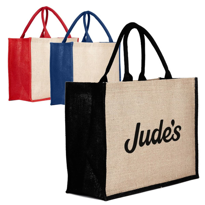 A set of three jute bags in red, blue, and black, featuring a logo on the front.