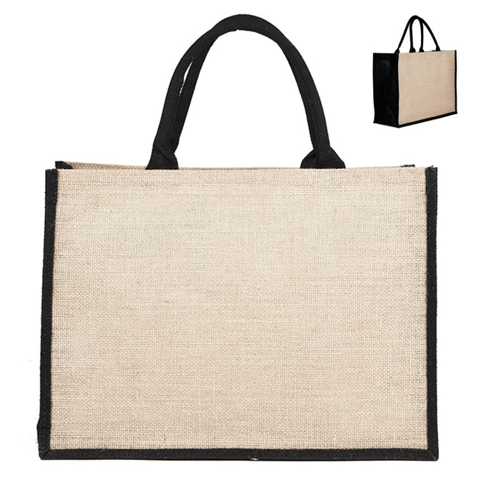 A jute bag in natural beige with black handles, featuring a simple design and a logo.