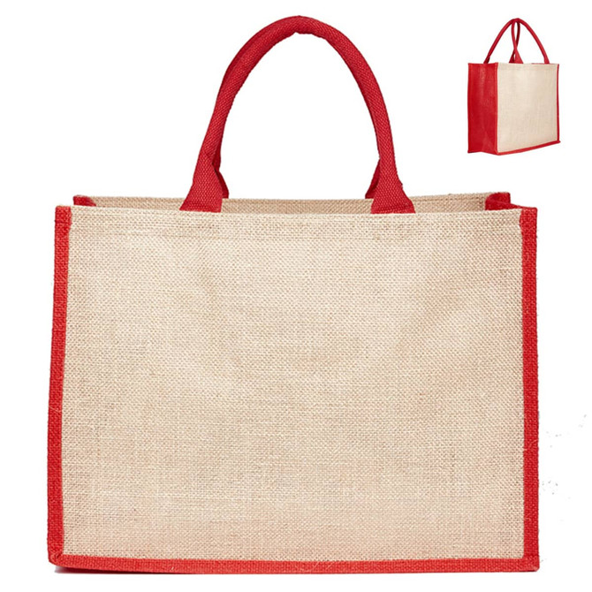 A jute bag in natural beige with red handles and edges, featuring a simple design and a logo.