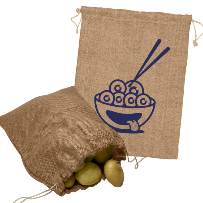 A jute bag in a light brown colour, featuring a design of a bowl with round objects and chopsticks, filled with potatoes.
