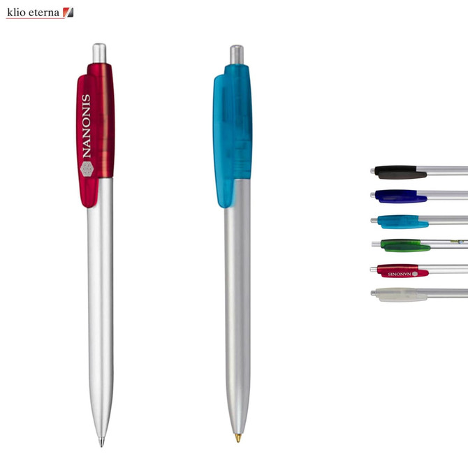 Two plastic pens in red and blue with silver barrels, accompanied by a selection of pens in various colours.