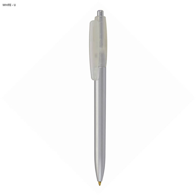 A plastic pen in clear and silver, featuring a simple design and a logo on the barrel.