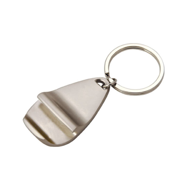 A drink bottle opener key ring in silver metallic finish, featuring a smooth design and a circular key ring attachment.