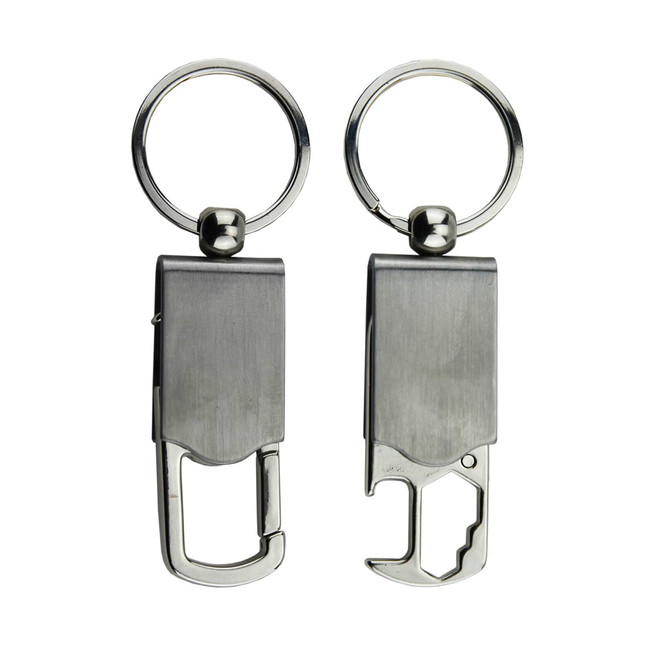 A drink bottle opener key ring in silver with a sleek design and a metallic finish, featuring a key ring attachment.