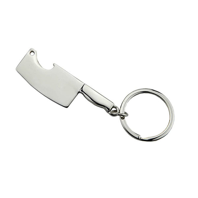 A drink bottle opener key ring shaped like a silver cleaver, featuring a metal ring for attachment.