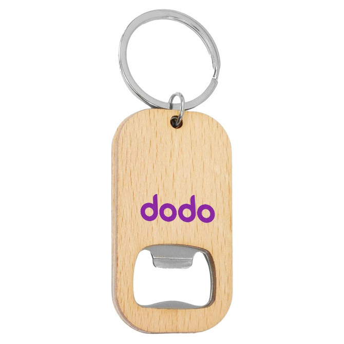 A drink bottle opener keyring in natural wood with a metal opener and a logo in purple.