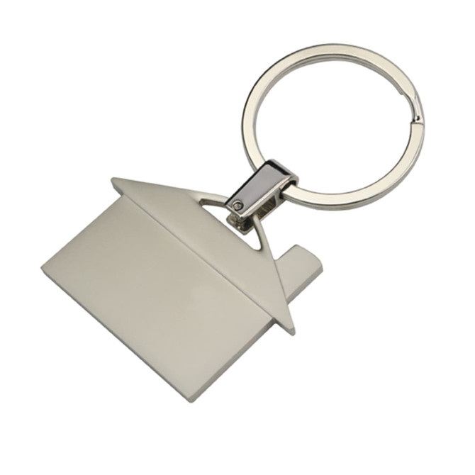 A metal key ring in the shape of a house, coloured in light grey with a shiny silver attachment.