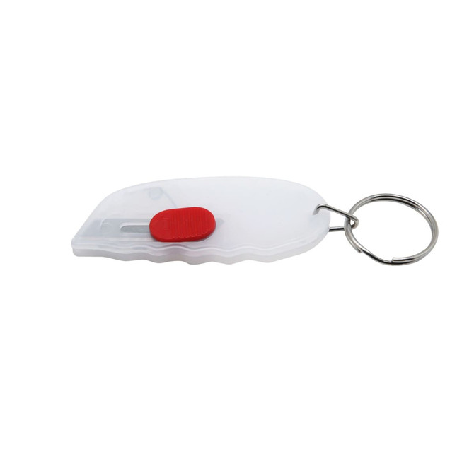 A mini cutter key ring in white with a red button, featuring a silver key ring attachment.