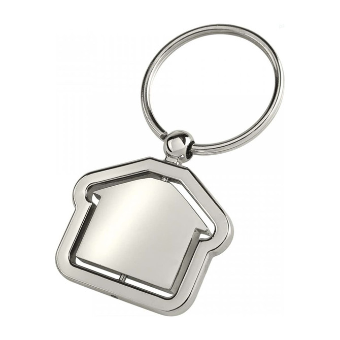 A silver key ring shaped like a house, featuring a smooth, reflective surface and a circular metal loop.