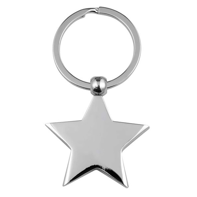 A silver star-shaped key ring with a circular metal attachment. Features a smooth, shiny surface.