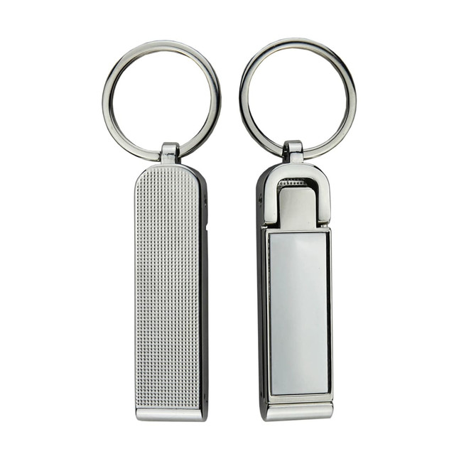 A silver mobile stand and hanger key ring with a textured side and a smooth side, featuring a metal keyring.
