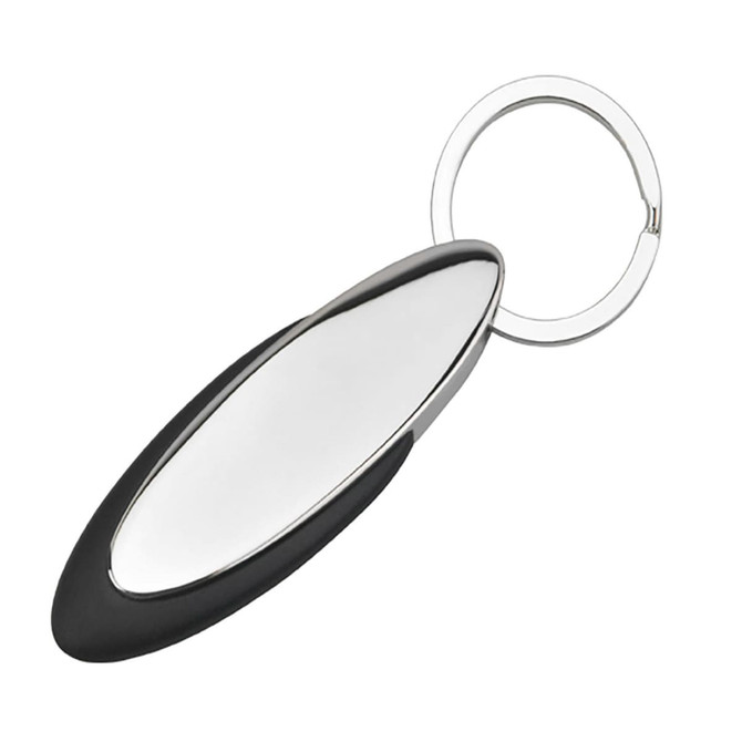 A sleek, oval key ring with a shiny silver surface and a black rubber grip. It features a metal key ring attachment.