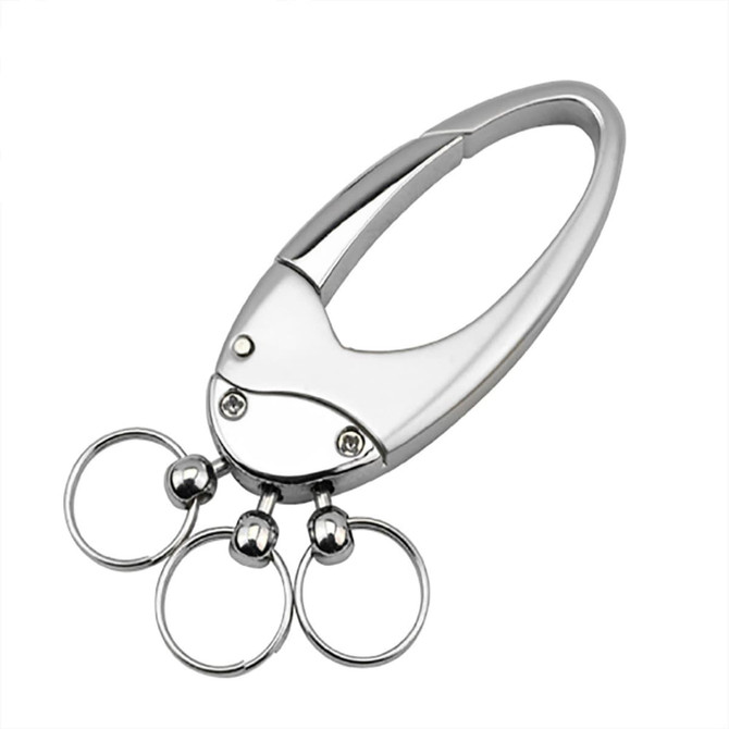 A sleek silver multi hoop key ring with three metal keyrings attached, featuring a curved handle design.