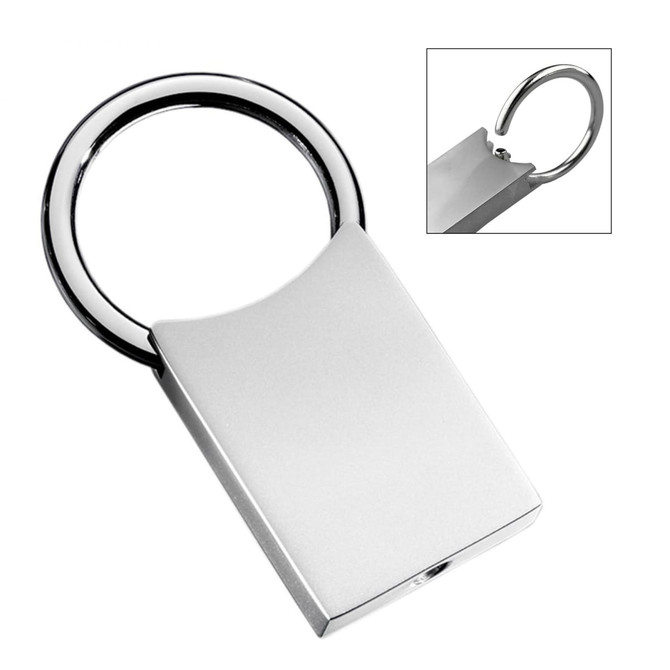 A silver key ring with a sleek rectangular attachment. Features a small inset showing a close-up of the hook.