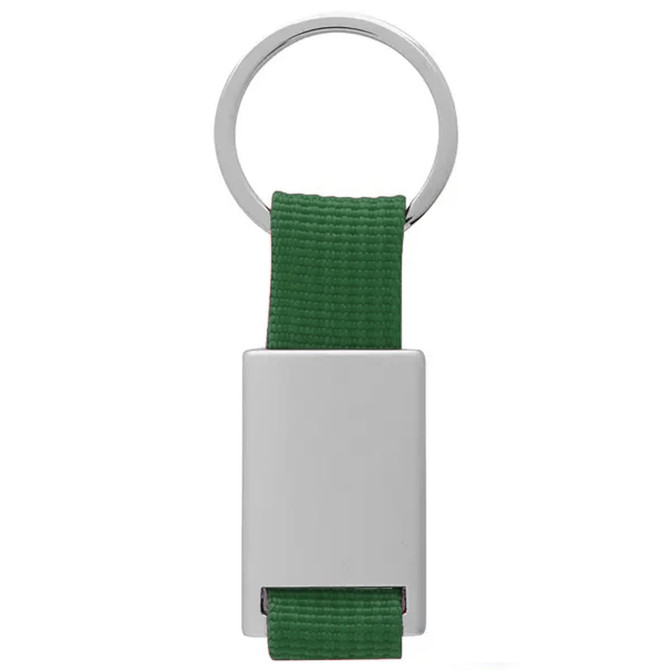A green keyring with a silver metal attachment and a woven strap. The keyring features a logo.