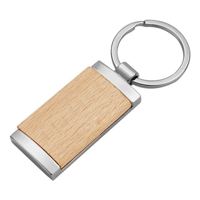 A wooden key ring with a silver metal frame and keychain loop, featuring a light timber panel.