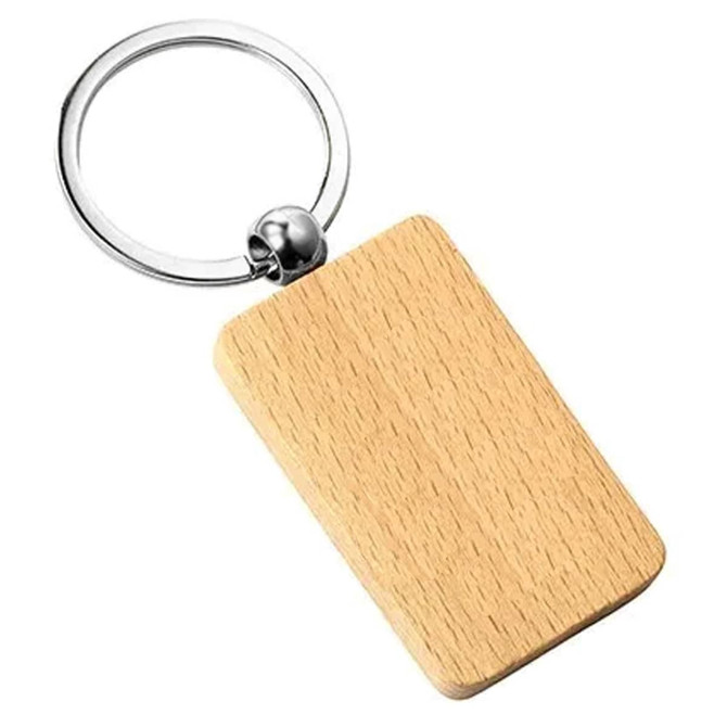 A wooden key ring with a rectangular shape and a silver metal keychain attachment.