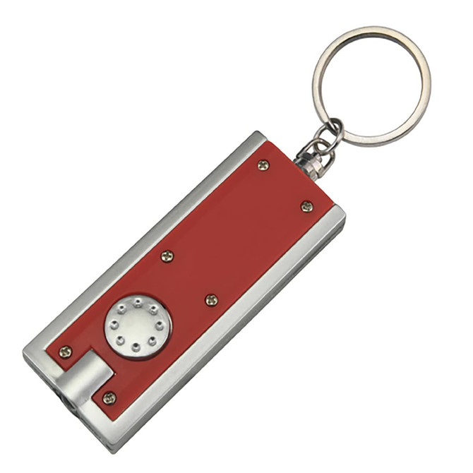 A red and silver torch key ring with a keychain attachment, featuring a button and small light.