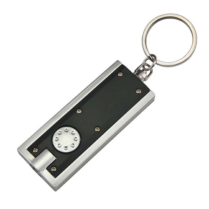 A keyring torch featuring a sleek black and silver design with a circular button and a keychain attachment.