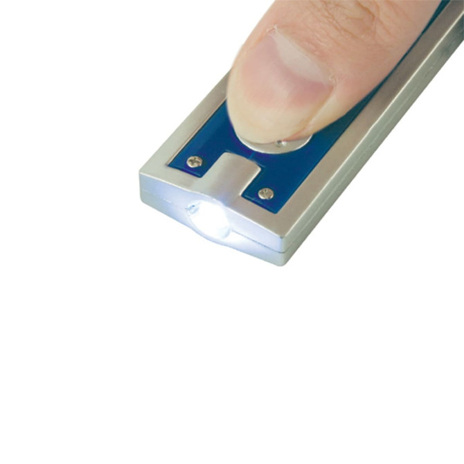A silver keyring torch with a blue accent, featuring a push-button for activation.