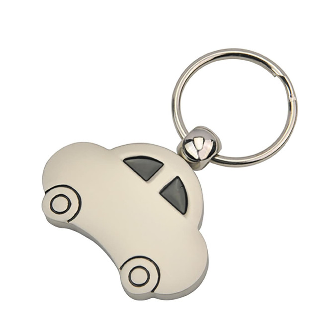A silver car-shaped keyring with black details and a metal keyring attachment.