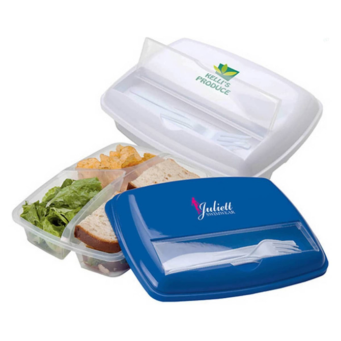 A blue and clear three-section lunch box with a white lid, featuring compartments for food items. It has branding.