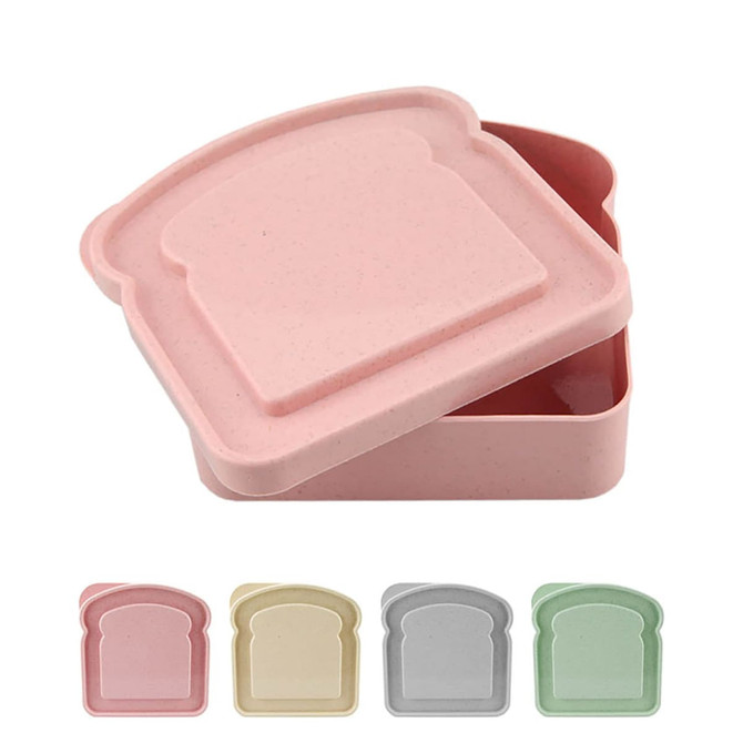 A bamboo sandwich box in pink with a sandwich-shaped lid, featuring additional colours: beige, grey, and green.