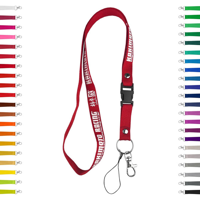 Red polyester lanyard with a clip, featuring various colour options displayed on either side.