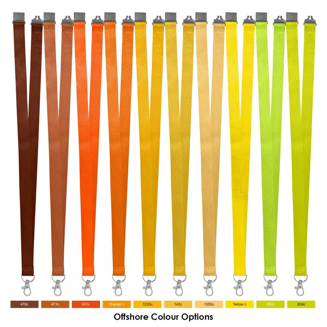 A selection of polyester lanyards in various colours, including brown, orange, yellow, and green, with metal clips.