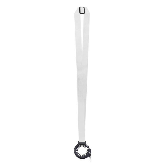 A drink bottle sling lanyard in white with a black attachment for holding a bottle. Features a branding logo.