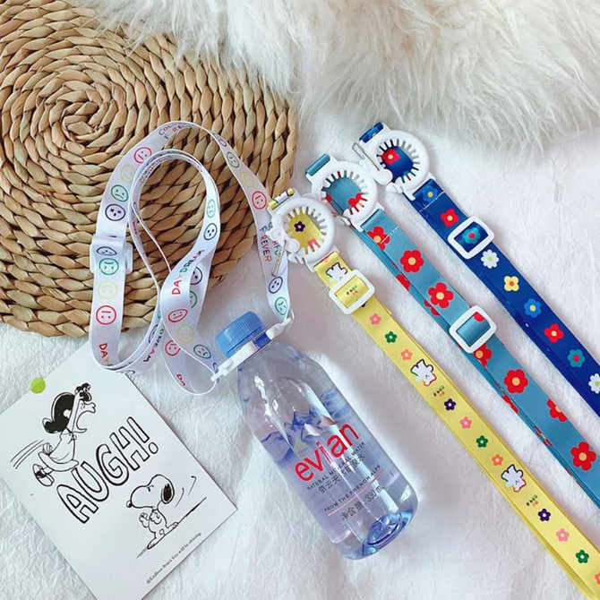 A drink bottle sling lanyard collection featuring various colourful designs and a bottle of Evian water.