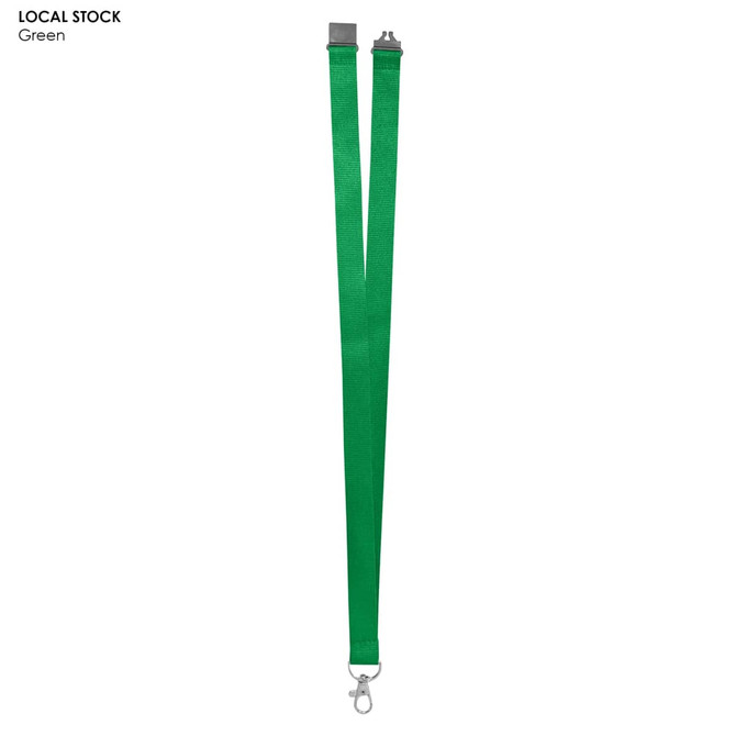 Green polyester lanyard, 20mm wide, featuring a clip and an attachment point, with a logo present.