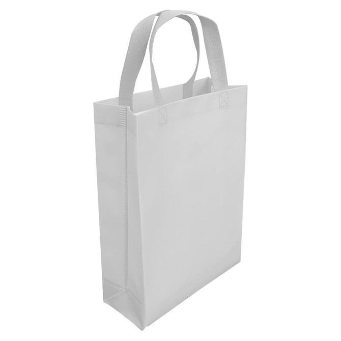 A white laminated non-woven trade show bag with sturdy handles and a plain design.