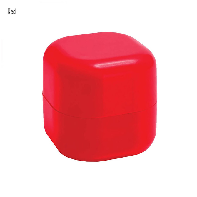A red cube-shaped container of lip balm with a smooth, glossy finish. It has a logo on the surface.
