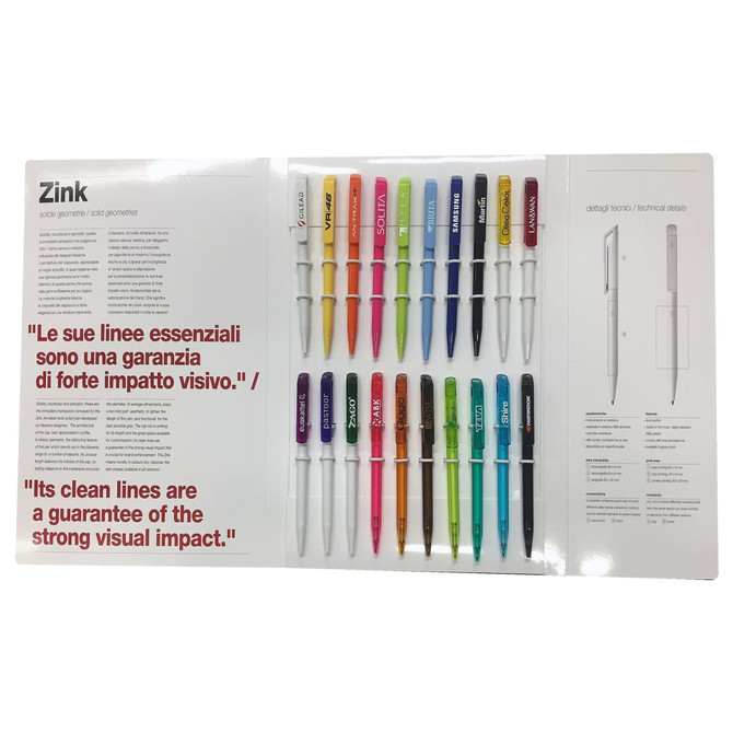 A pen packaging kit featuring a variety of brightly coloured pens, arranged in a sleek display with a logo visible.