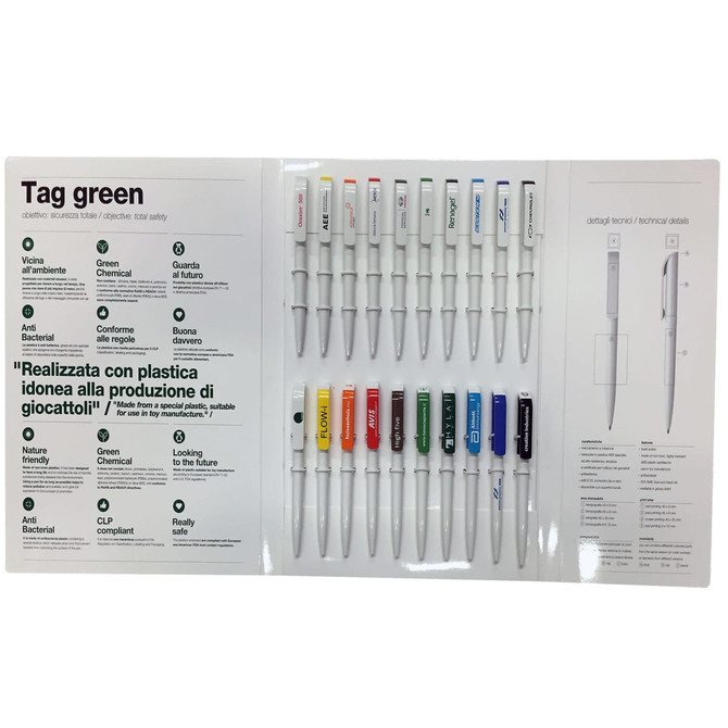 A pen packaging kit featuring multiple colourful pens arranged in a display with a product information panel.