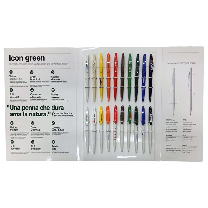 A display of various pens in multiple colours, arranged in a sleek presentation with a branded logo.