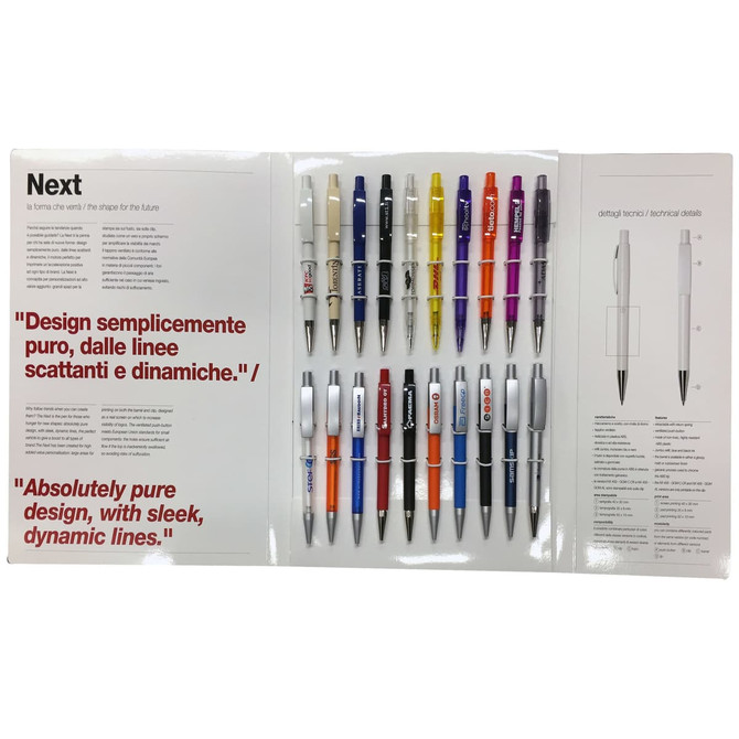 A display of various pens in multiple colours, presented in a kit with a branded packaging folder.