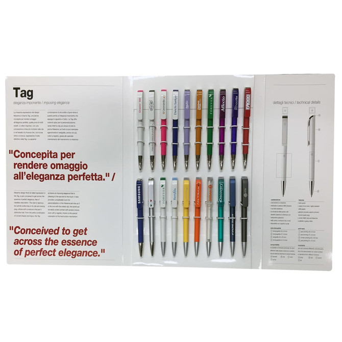 A display of various pens in multiple colours, arranged in a sample kit with a branded logo.
