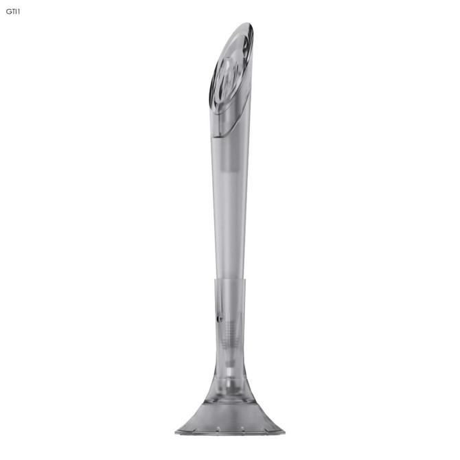 A grey plastic pen with a unique rounded tip and a transparent body. The pen features a branding logo.