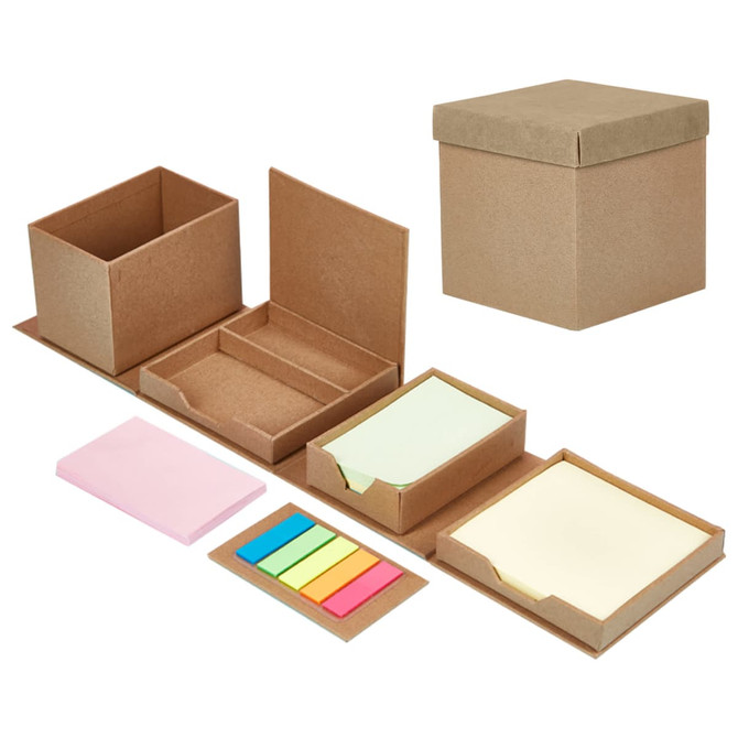 A desk organiser with various compartments, featuring sticky notes in pastel colours and a natural brown finish.