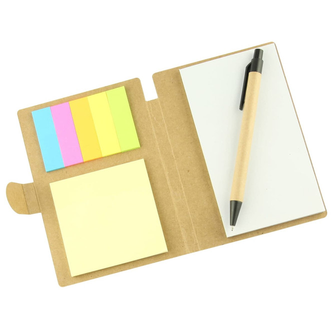A sticky note pad featuring yellow, pink, green, and blue notes, with a blank notepad and a pen, in a brown cover.