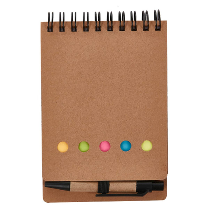 A spiral-bound notepad in brown with a black pen and four colourful sticky note dots at the bottom.