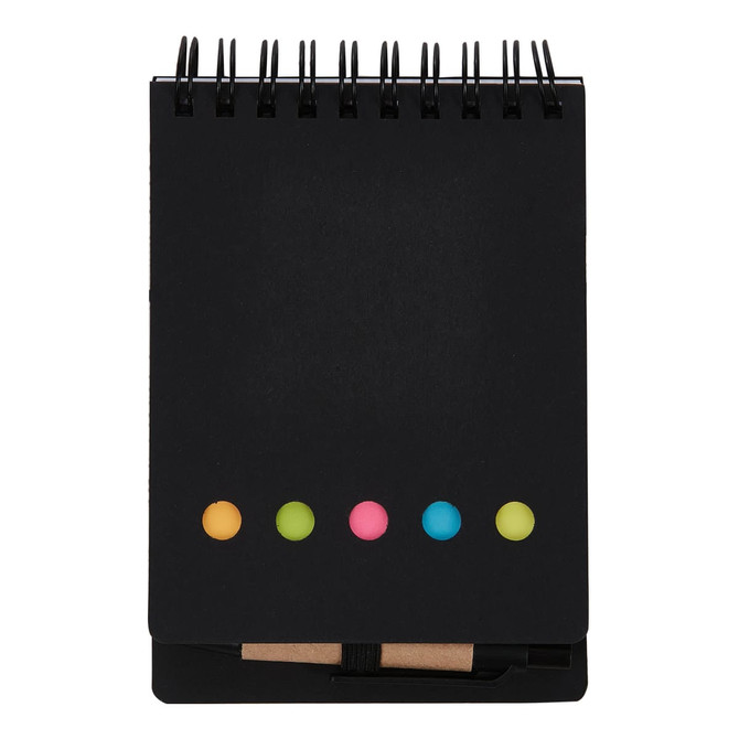 A black sticky note pad with a spiral binding, featuring colourful sticky dots and a pen.